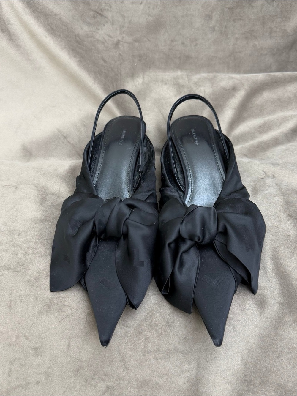 Balenciaga Black Satin Bow Pointed Slingback Heels - Picture 2 of 6